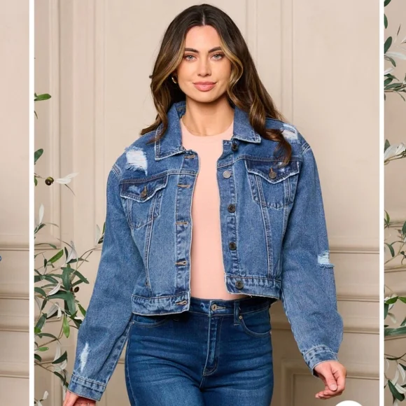 🌷WOMEN'S LONG SLEEVE BUTTON CLOSURE DISTRESS DENIM JACKET #075 - Picture 2 of 4